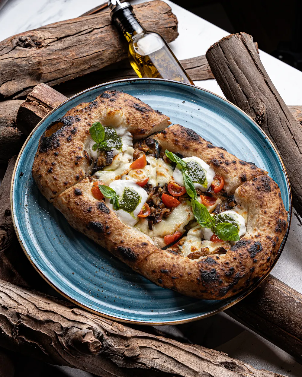 Melanzana pizza with fried eggplant and stracciatella